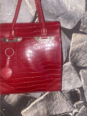 Bueno Red Croc-Embossed Tote with Braided Handles